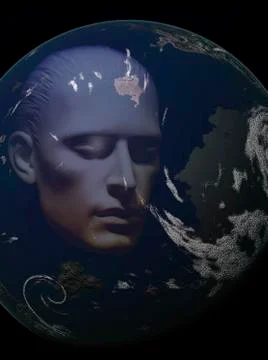 Pensive human head on earth globe Stock Illustration