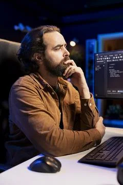 Pensive IT engineer thinking of ways to fix vulnerabilities in software Stock Photos