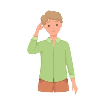 Pensive Man Character Scratching Head Thinking and Considering Something Vector イラスト素材