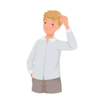 Pensive Man Character Scratching Head Thinking and Considering Something Vector イラスト素材