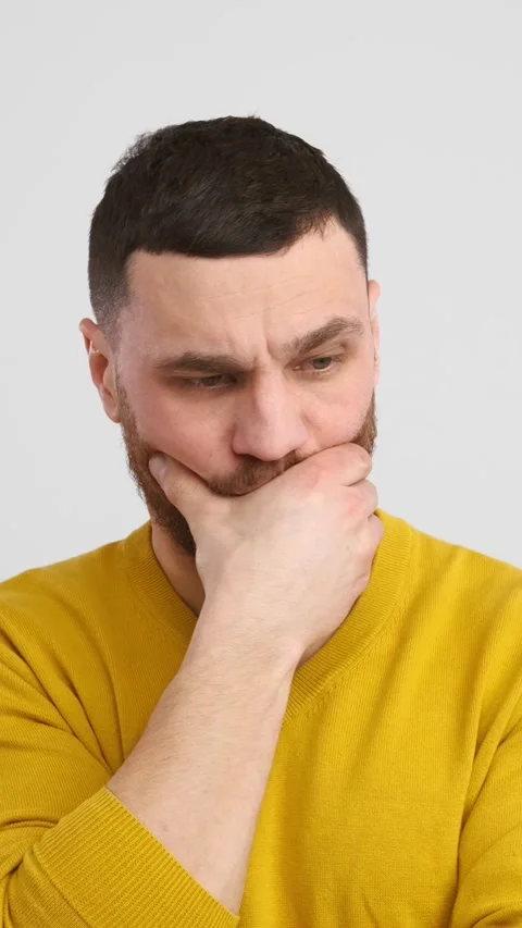 Pensive Man Contemplating And Solving Problem On White Background Stock Footage 305578028