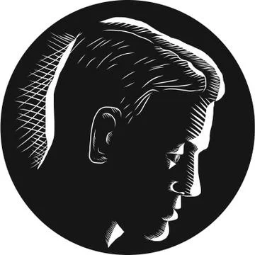 Pensive Man in Deep Thought Circle Woodcut Stock Illustration