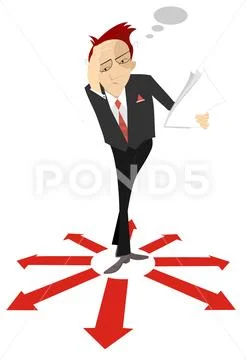 Pensive man holds papers and stays surrounded by arrow signs illustration Stock Illustration