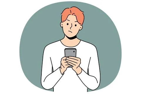 Pensive man with phone received warning text message with threat or bad news Stock Illustration