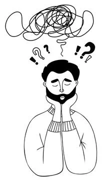 Pensive man. Sad or thinking man with beard. Doubts, thoughts and questions in h イラスト素材