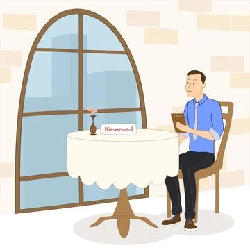 Pensive man sitting at a table in a restaurant looking at the menu Stock Illustration