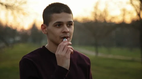 Pensive man smoking electronic cigarette and exhale clounds of vapor in the park Stock Footage 121061788