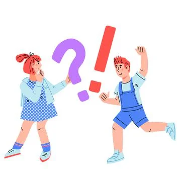 Pensive smart children - girl with a question and boy with an answer, cartoon Stock Illustration
