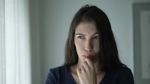 Pensive woman seeking solution to problem. Portrait of thoughtful person seek Stock Footage 200145017