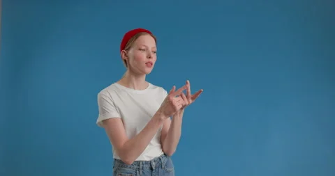 Pensive woman thinking about problem solution and gesturing hands in studio Stock Footage 150401917