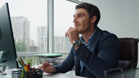 Pensive worker working computer in office closeup. Happy manager solving problem Stock Footage 227749937