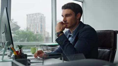 Pensive worker working computer in office closeup. Happy manager solving problem Stockfoto's