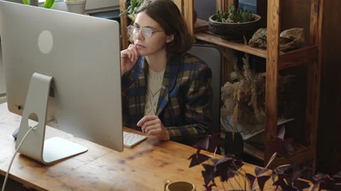 Pensive writer working from home. Remote worker thinking about problem solution Stock Footage 316767847