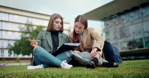 Pensive young female students learning college subject sitting on grass near Stock Footage 120746768