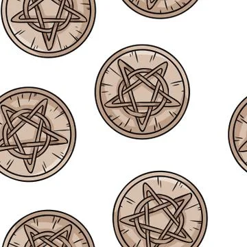 Pentacle occult signs comic style doodles top view seamless pattern. Wooden p Stock Illustration