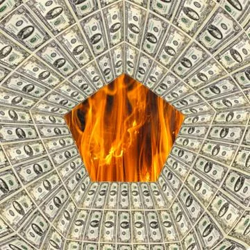 Pentagon of dollars in flame. Abstraction made from dollar. Money pattern Illustrazione stock