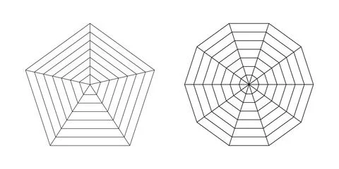 Pentagon graph. Set of polygon radar spider templates. Spider mesh. Collection Stock Illustration