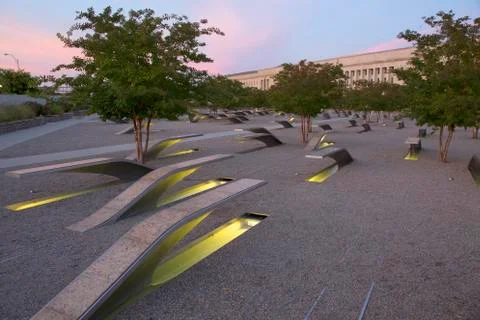 The Pentagon Memorial features 184 empty benches at sunset, a Memorial to Stock Photos