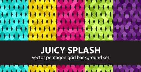 Pentagon pattern set "Juicy Splash". Vector seamless geometric backgrounds Stock Illustration
