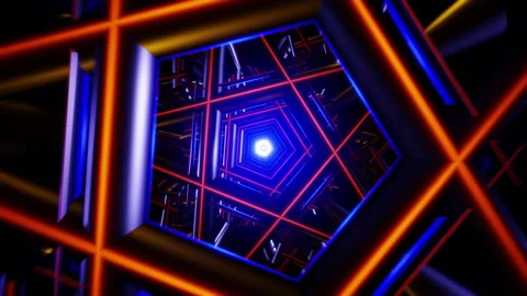 Pentagonal neon tunnel VJ loop with rotating chrome tubes and kaleidoscope glow 스톡 동영상 330330367