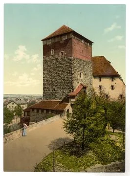 The pentagonal tower of the castle in Nuremberg Bavaria Germany Historic Stock Illustration