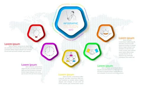 Pentagons label infographic with 6 steps. Stock Illustration