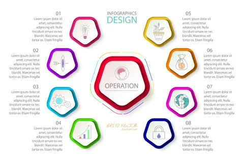 Pentagons label infographic with 9 steps. Illustrazione stock