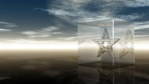 Pentagram in glass cube - 3d rendering Stock Illustration