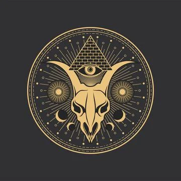 Pentagram occult magic circle, goat skull, pyramid Stock Illustration