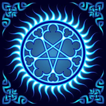 Pentagram pagan pattern, circular ornament, neon light. Illustration