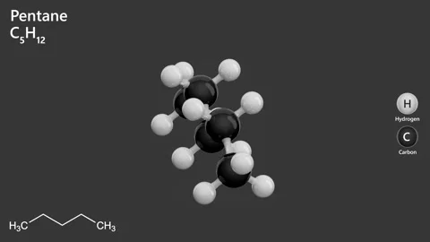Pentane. Alkane. Flammable liquid. C5H12. Gray background. 3D render Stock Footage 295993559