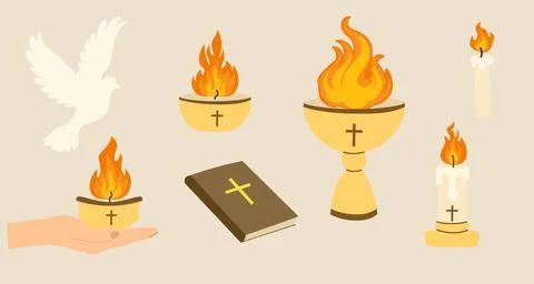 Pentecost Sunday elements dove of peace, flames of the Holy Spirit, Bible, .. Illustrazione stock