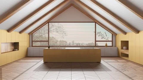 Penthouse interior design, minimal kitchen with sloping wooden ceiling and .. Illustrazione stock