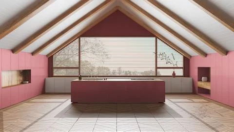 Penthouse interior design, minimal kitchen with sloping wooden ceiling and .. Illustrazione stock