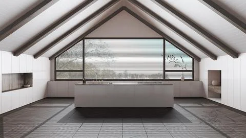 Penthouse interior design, minimal kitchen with sloping dark wooden ceiling.. Illustrazione stock