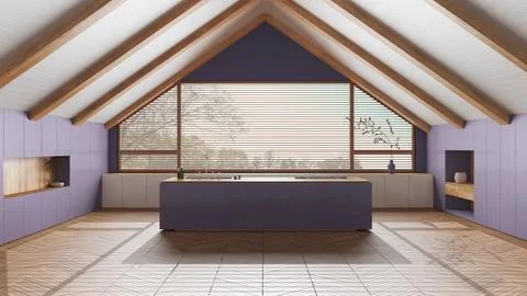 Penthouse interior design, minimal kitchen with sloping wooden ceiling and .. Illustrazione stock