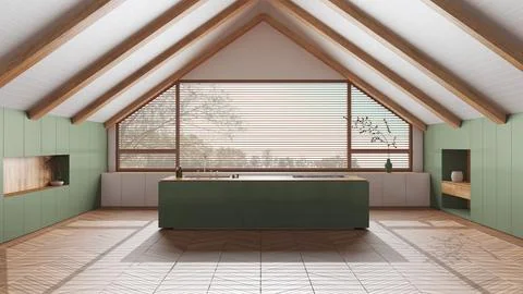 Penthouse interior design, minimal kitchen with sloping wooden ceiling and .. Illustrazione stock