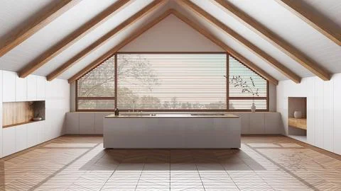 Penthouse interior design, minimal kitchen with sloping wooden ceiling and .. Illustrazione stock