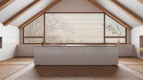 Penthouse interior design, minimal kitchen with island in white tones. Slop.. Stock Illustration