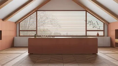 Penthouse interior design, minimal kitchen with island in white and orange .. Stock Illustration