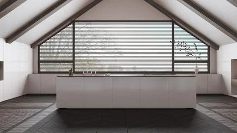 Penthouse interior design, minimal kitchen with island in white tones. Slop.. Stock Illustration