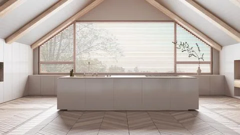 Penthouse interior design, minimal kitchen with island in white tones. Slop.. Stock Illustration