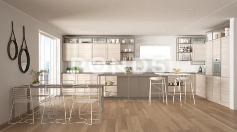 Image showcasing Penthouse minimalist kitchen interior design, lounge with sofa and ...
