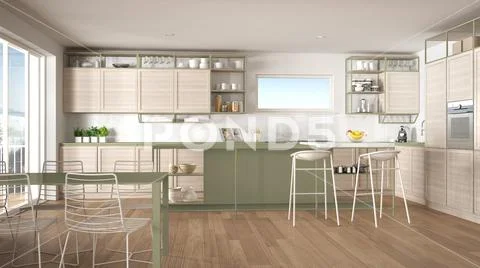 Picture of Penthouse minimalist kitchen interior design, lounge with sofa and ...