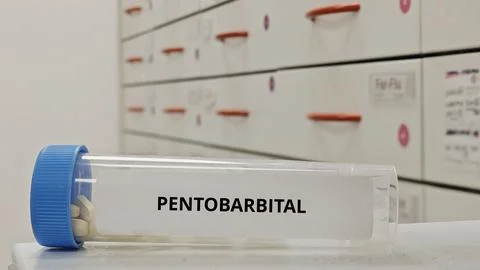 PENTOBARBITAL tablets used as sedative hypnotic for seizure control and Stock Photos