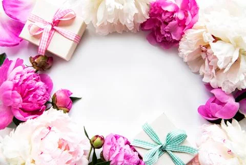 Peonies and gift boxes Stock Photos