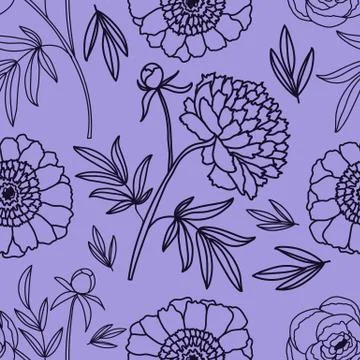 Peonies. Floral decorative pattern. Seamless pattern of light contours on a d Stock Illustration