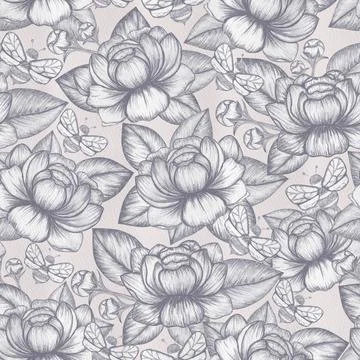 Peonies sketch seamless pattern. Pink and grey Pencil bee elegant farmhouse Stock Illustration