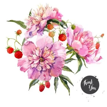 Peony and berry composition Stock Illustration