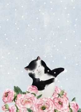 Peony and cat postcard Stock Illustration